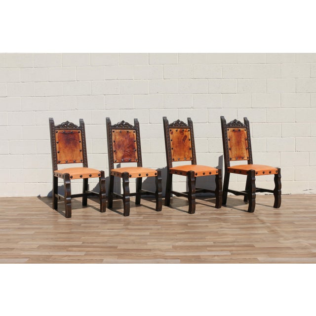 1940s Set of 6 Spanish Revival Carved Wood & Tan Leather Dining Chairs For Sale - Image 5 of 18