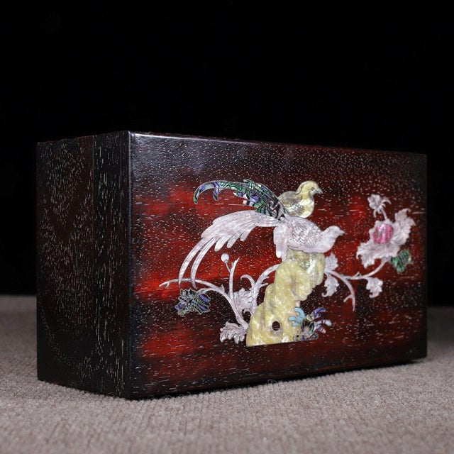 Zitan Wood Jewelry Box Inlaid With Mother-of-Pearl Bird Motif For Sale - Image 4 of 9