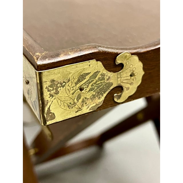 Vintage English Style Campaign Folding Tray Tables, Pair – Brass Gallery Tray on Folding Wooden Stands For Sale - Image 15 of 18