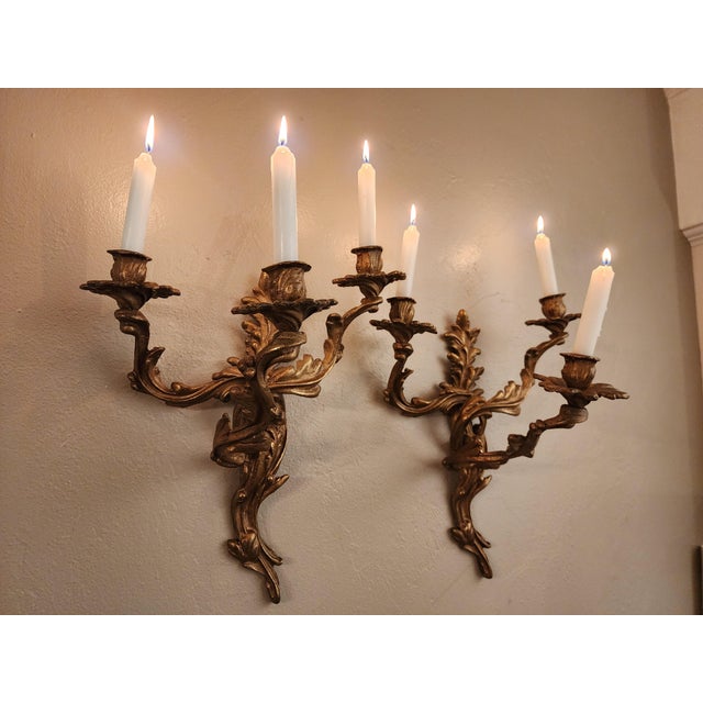 Metal Antique Art Nouveau Pair Heavy Cast Gilt Brass 3 Light Wall Sconces With Aged Patina For Sale - Image 7 of 16
