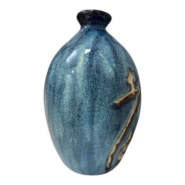 Japanese Vintage Japanese Tokkuri Sake Bottle Blue Glaze Studio Pottery Vase For Sale - Image 3 of 9