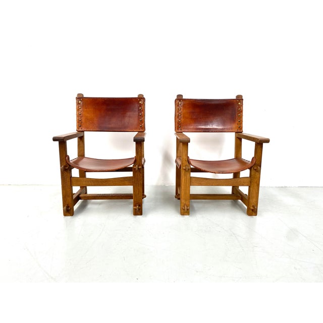 Vintage French Brutalist Castle Armchairs in Oak and Cognac Leather, 1920s, Set of 2 For Sale - Image 6 of 13