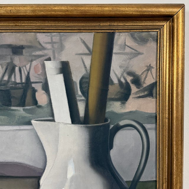 Antique Modernist Still Life With Books and Pitcher by Raoul Martinez (1876-1974), Signed (1928, Oil on Canvas) For Sale - Image 4 of 8