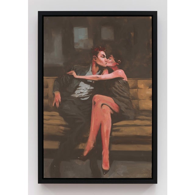 This oil on panel work captures an intimate moment between a couple, seated closely on a simple bench, enveloped in a...