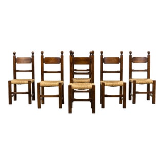 Set of Six French Provincial Oak Rush Seat Dining Chairs, Mid-20th Century For Sale