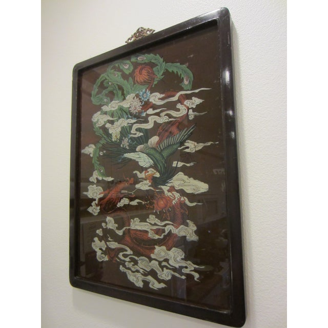 1930s Chinese Dragon Painted Glass Colored Flowers White Clouds Brown Wood Frame Brass Hanging Hardware For Sale - Image 4 of 14