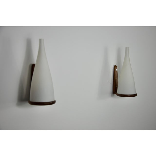 Teak and Opaline Glass Wall Lamps attributed to Uno & Östen Kristiansson for Luxus Sweden, 1960s For Sale - Image 6 of 8