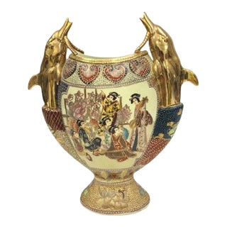 Antique Satsuma Double Dolphin Handle Gold Gilded Hand Painted Details For Sale