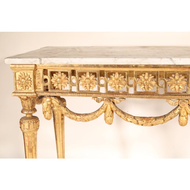 Wood Antique Continental Louis XVI Style Gilt Wood Marble Top Console Table For Sale - Image 7 of 14