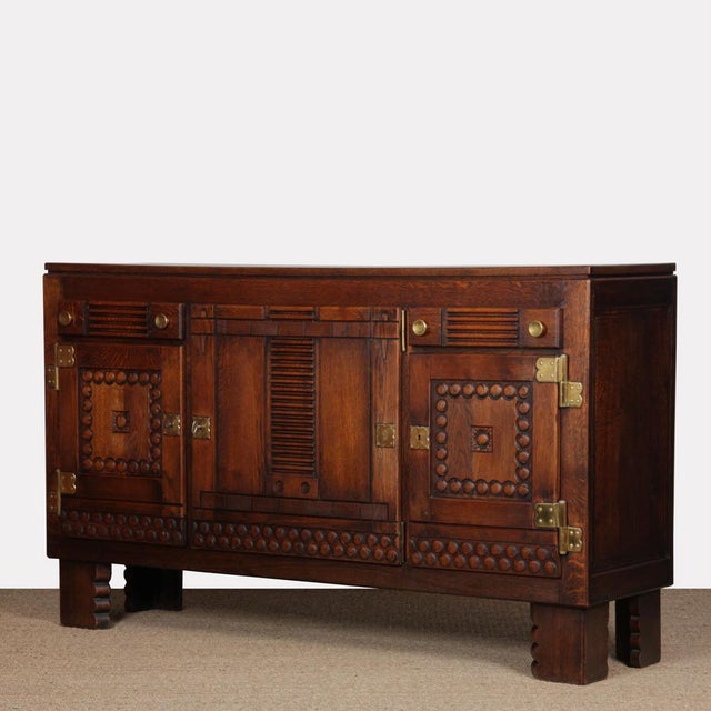 Oak and Brass Sideboard in the style of Charles Dudouyt, 1940 For Sale - Image 3 of 12