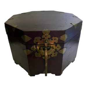 1940s Antique Asian Octagonal Wood and Brass Box