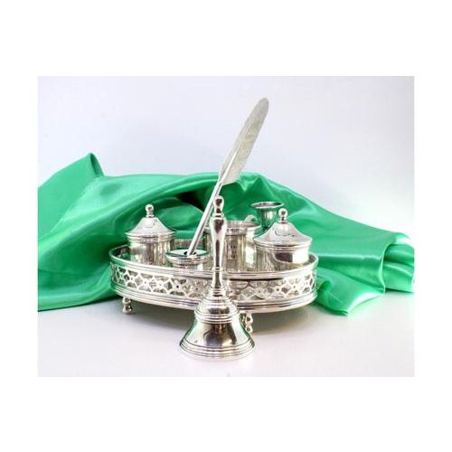 Plain Silver Inkwell with Two Tanks and Pen Holder and Candlestick and Bell and Quill-Shaped Pen, Set of 7, in Very Good...