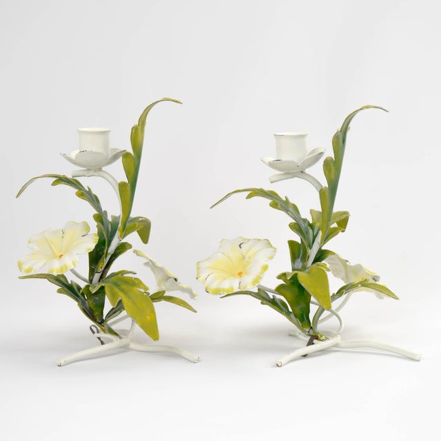 Off-white Vintage Italian Tole Metal Candlestick Holders With Hand-Painted Flowers For Sale - Image 8 of 15