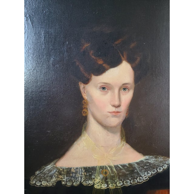 Realism Antique 19th Century American Folk Art Oil Painting Portrait of a Woman in Black For Sale - Image 3 of 17