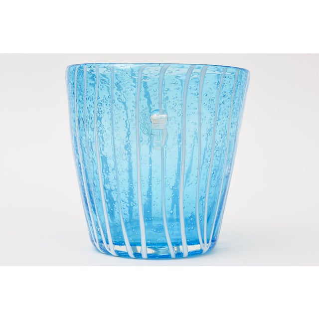1980s Vintage Murano Venini Ice Bucket in Turquoise With White Lines 1980's For Sale - Image 5 of 10