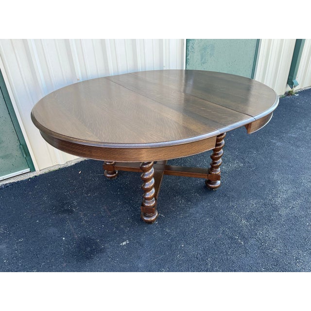 Antique Victorian Quartersawn Oak Barley Twist Extension Dining Table- Refinished For Sale - Image 9 of 12