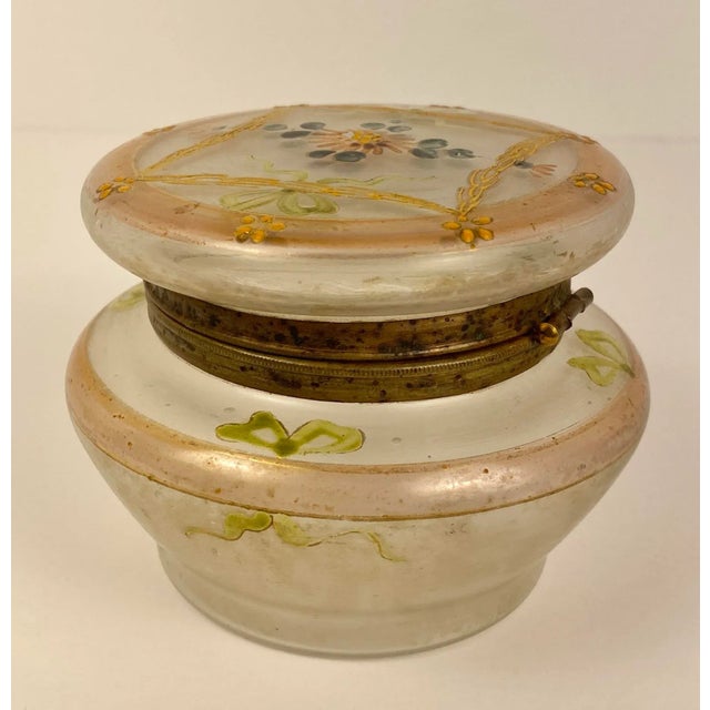 French Art Nouveau Enameled Glass Trinket or Jewelry Box by Legras Glassworks, France A beautiful hand-crafted and richly...