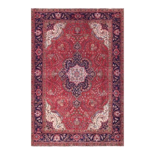 Vintage Retro Kashan Red/Blue Wool Rug - 6'11'' X 9'11'' For Sale