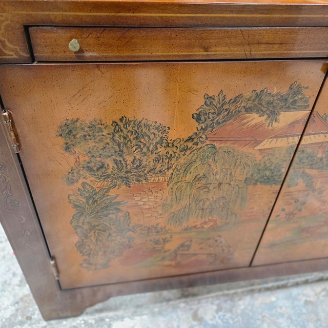 Vintage Ethan Allen Hollywood Regency Chinoiserie Stereo Bar Cabinet, Hand-Painted Chinese Landscape For Sale - Image 13 of 18