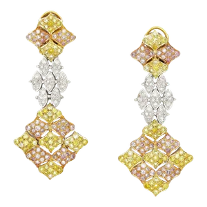 7.50 Carats Tricolor Diamond Drop Earrings in 18k White, Yellow & Rose Gold - 2 Pieces