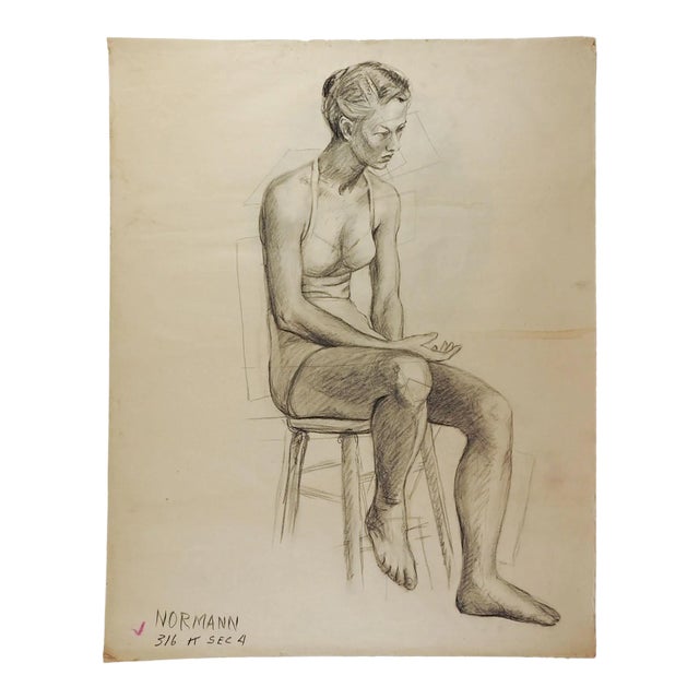 1950s Studio Drawing Seated Female Figure For Sale