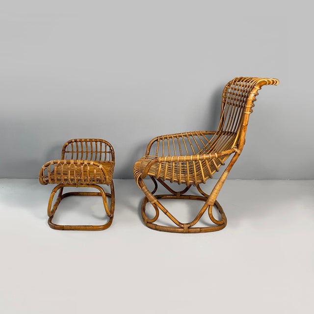 Mid-Century Modern Set of Mid-Century Modern Italian Rattan B4 Armchair and Ottoman from Tito Agnoli, 1950s For Sale - Image 3 of 18