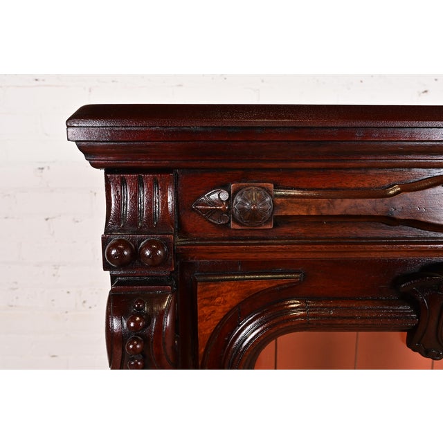 Wood Herter Brothers Style Antique Eastlake Victorian Carved Mahogany and Burl Wood Bookcase Cabinet, Circa 1880s For Sale - Image 7 of 14