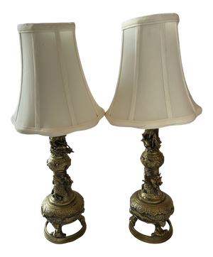 A Pair of 1950s Carved Bronzed Brass Lamps