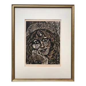 Vintage Expressionist Wood Block Print Portrait of a Woman by Sylvia T. Gavurin