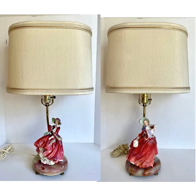 1930s Pair of English Royal Doulton Lady Figurines on Onyx Lamps For Sale - Image 13 of 13