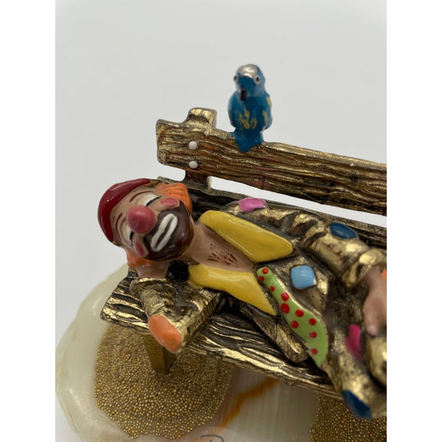 Metal Vintage Ron Lee Circus Clown Sleeping on Park Bench Sculpture With Blue Bird, 1988 For Sale - Image 7 of 9