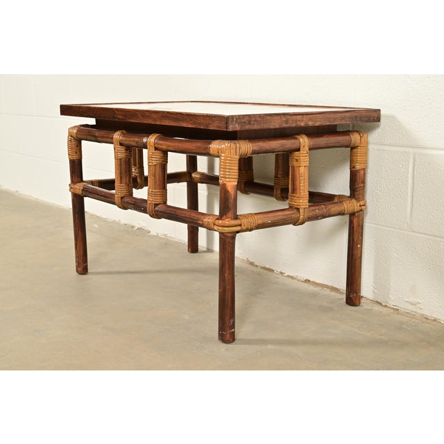 Ficks Reed John Wisner for Ficks Reed Mid-Century Hollywood Regency Bamboo Rattan Tile Top Side Table, 1950s For Sale - Image 4 of 11