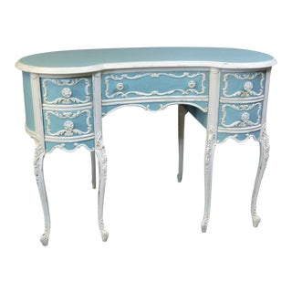 Antique Turquoise & White Highly Carved Kidney Shaped Writing Desk For Sale