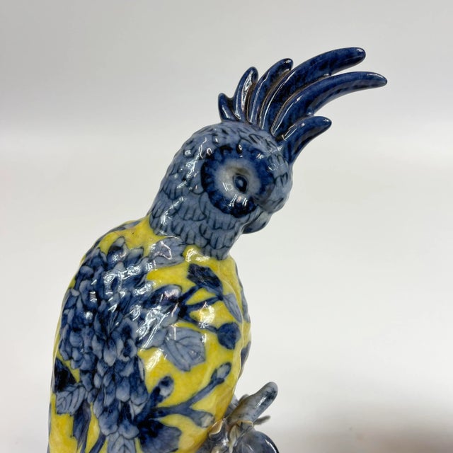 Chinoiserie 1990s Set of 2 Hand Painted Porcelain Chinoiserie Blue and Yellow Birds For Sale - Image 3 of 9