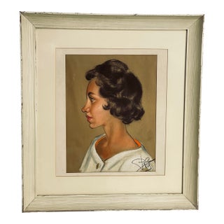 Vintage 1950s Pastel Portrait of Young Woman For Sale