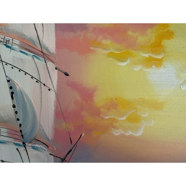 This beautiful modern oil on canvas depicts a majestic tall ship sailing across rolling blue waves beneath a luminous...