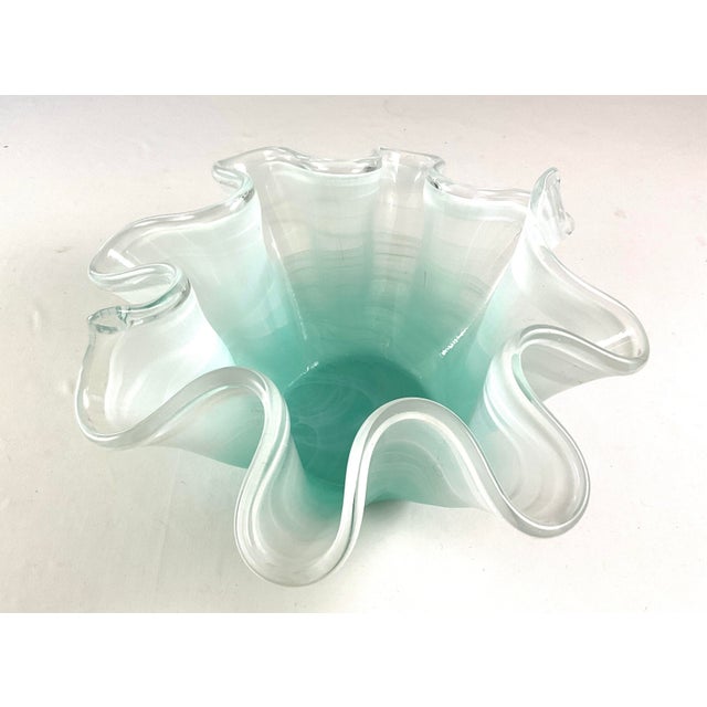 Glass 1970s Murano Style, Art Glass Aquamarine and Frosted White Ruffled Bowl For Sale - Image 7 of 8