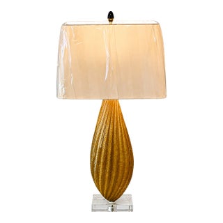 Vintage Murano-Style Gold Art Glass Table Lamp With Clear Acrylic Base & New Rectangular Shade, 31″ For Sale
