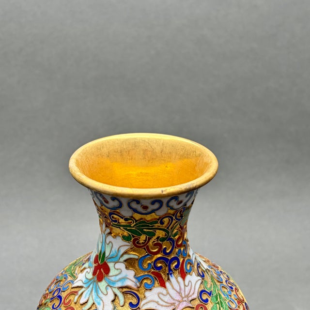 Metal Vintage Chinese Cloisonné Enamel Floral Lotus Vase For Sale - Image 7 of 9