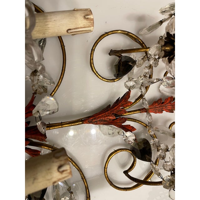 Large Florentine Tole Crystal Sconces, 1950s, Set of 2 For Sale - Image 10 of 17