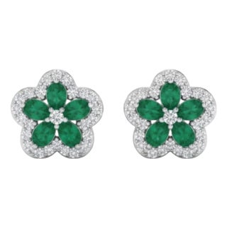 Natural 1.52cts Emerald & 0.56cts Diamond Earring in 14k White Gold For Sale