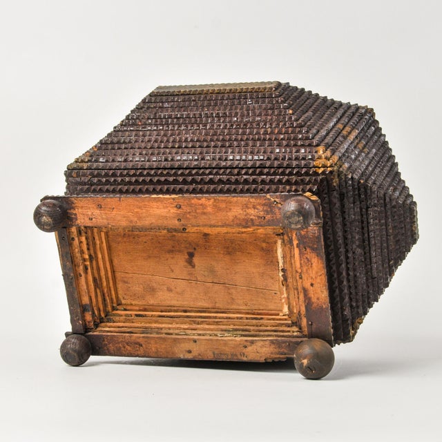 Early 20th Century Large Tramp Art Dresser Box: Chip Carved Folk Art, Round Feet, Gold Paint Remnants For Sale - Image 14 of 16