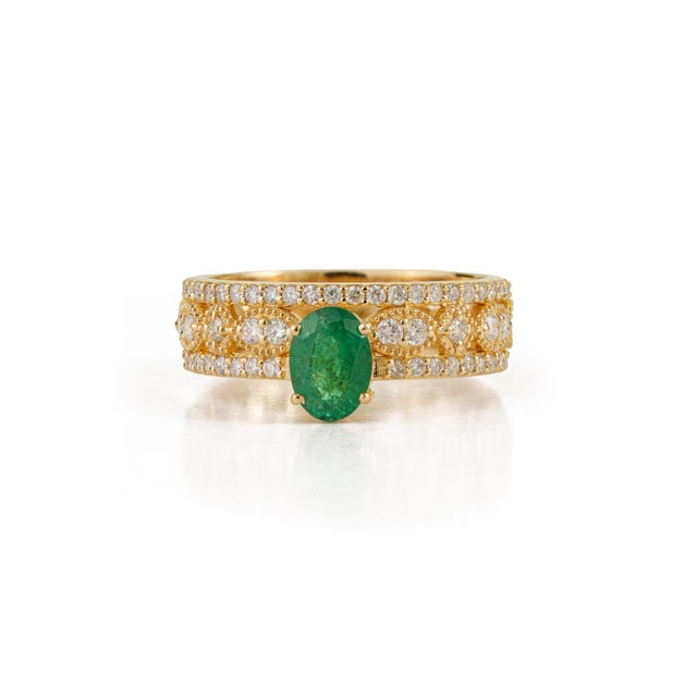 Oval Emerald & Diamond Vintage-Inspired Luxury Statement Ring in 18k Yellow Gold Size 6 For Sale - Image 4 of 17