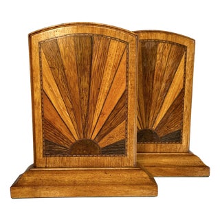 Vintage Art Deco Wooden Bookends with Sunburst Inlays, Germany, 1930s, Set of 2 For Sale