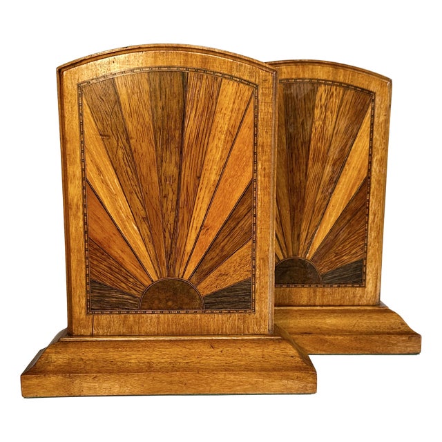 Vintage Art Deco Wooden Bookends with Sunburst Inlays, Germany, 1930s, Set of 2 For Sale