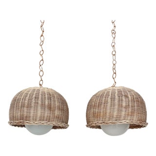 Vintage Wicker Dome Pendant Lights- a Pair For Sale