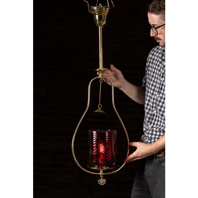 Contemporary Mid-Century Brass Pendant Lamp With Cranberry Glass Shade For Sale - Image 3 of 5