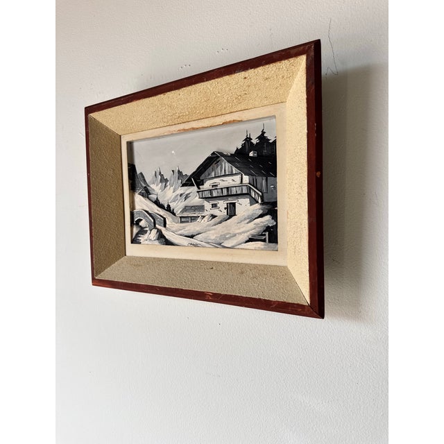 1970s Vintage Carved Wood Relief Winter Landscape Painting, Signed For Sale - Image 4 of 12