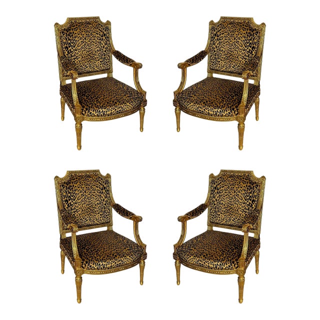 Set of Four French 19th Century Fateuil Armchairs With Cheetah Print For Sale