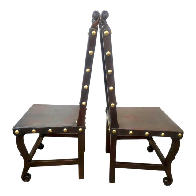 Set of 6 Authentic Hand-Carved Peruvian Leather Dining Chairs With Sol De Oro Coin Details For Sale - Image 4 of 6